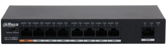 Dahua DH-PFS3009-8ET1GT-96, 8-портовый неуправляемый коммутатор с РоЕ, Порты: 8 RJ45 10/100Мбит/с PoE/PoE+ 1 RJ45 10/100/1000Мбит/с uplink;