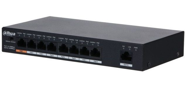 Dahua DH-PFS3009-8ET1GT-96, 8-портовый неуправляемый коммутатор с РоЕ, Порты: 8 RJ45 10/100Мбит/с PoE/PoE+ 1 RJ45 10/100/1000Мбит/с uplink;