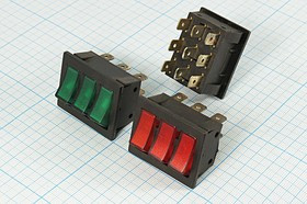 Выключатель клавишный строенный, 9T, 250В/16А, 3-ON-OFF, с подсветкой зеленой, PK1-37; №1304 G Пкл\\16\3-ON-OFF\\ чер\ILзел\\9T\PK1-37\