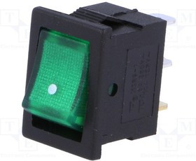 RSSM101A2C2GN, ROCKER; SPST; Pos: 2; ON-OFF; 3A/250VAC; green; neon lamp; 35m?