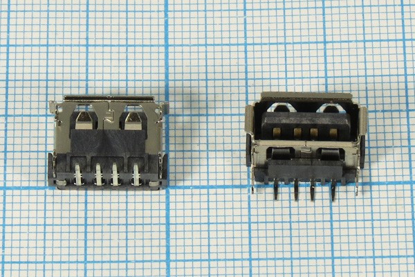 Гнездо USB, Тип A, угловое, 4 контакта, на плату; №10817 гн USB \A\4P4C\плат\угл\USB A-1JB