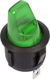 36-2593, Выключатель клавишный круглый 12V 16А (3с) ON-OFF зеленый с подсветкой (RWB-224, SС-214)