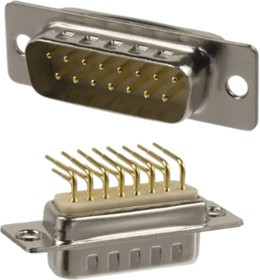 173-E15-113R001, 173 15 Way Right Angle Panel Mount D-sub Connector Plug, 2.75mm Pitch, with 4-40 Screw Locks