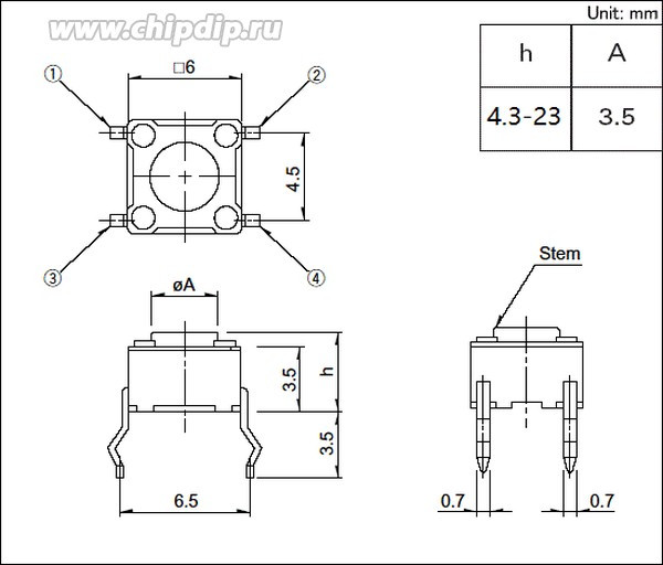 Переключатель тактовый 6.0x6.0x6.5мм, высота толкателя 3.5 мм, NO, черный; №117 Д ПКнТакт 6,0x 6,0x 6,5\h 3,5\\NO\чер\4PF\KFC-A06-