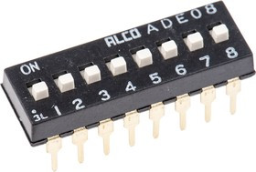 ADE0804, Switch DIP OFF ON SPST 8 Extended Slide 0.1A 24VDC PC Pins 2.54mm Thru-Hole Tube