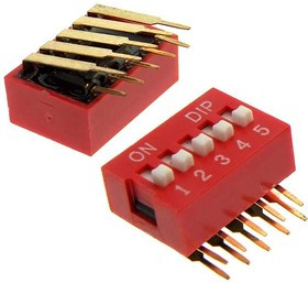 DA05R, DIP-переключатель угловой , 25 мА, 24 В, 50 мОм, 5 (ON-OFF) с шагом 2,54 мм, 6.7х14.26х9.9 мм