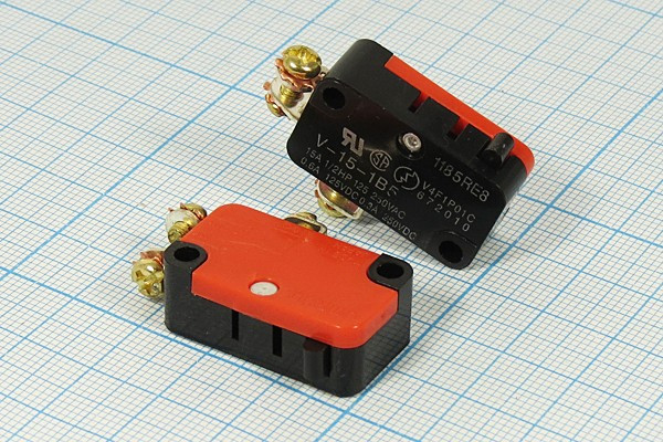Микропереключатель, размер 28x10 x16, 15А, переключение ON-(ON), размер концевика H18, V15-1B5A