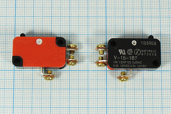 Микропереключатель, размер 28x10 x16, 15А, переключение ON-(ON), размер концевика H18, V15-1B5A