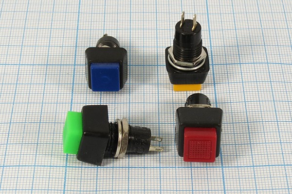 Включатель кнопочный без фиксации (SPST), OFF-(ON) синего цвета, 220В/2А; №1395 B ПКн\250\ 3\(SPST)\d10\чер\ син\\2C\PBS-21B-BL\