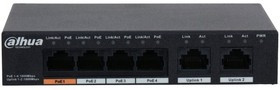 DAHUA DH-PFS3006-4GT-60 6-портовый гигабитный неуправляемый коммутатор с РоЕ, 4xRJ45 1Gb PoE, 2xRJ45 1Gb uplink, суммарно 60Вт, коммутация 1 DAHUA DH-PFS3006-4GT-60 6-портовый гигабитный неуправляемый коммутатор с РоЕ, 4xRJ45 1Gb PoE, 2xRJ45 1Gb uplink, суммарно 60Вт, коммутация 1