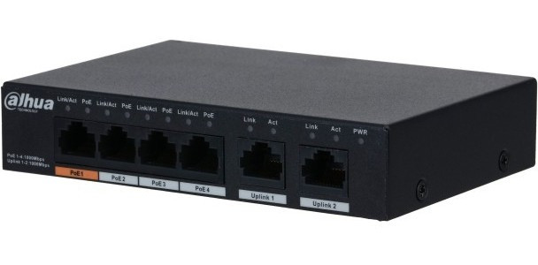 DAHUA DH-PFS3006-4GT-60 6-портовый гигабитный неуправляемый коммутатор с РоЕ, 4xRJ45 1Gb PoE, 2xRJ45 1Gb uplink, суммарно 60Вт, коммутация 1 DAHUA DH-PFS3006-4GT-60 6-портовый гигабитный неуправляемый коммутатор с РоЕ, 4xRJ45 1Gb PoE, 2xRJ45 1Gb uplink, суммарно 60Вт, коммутация 1