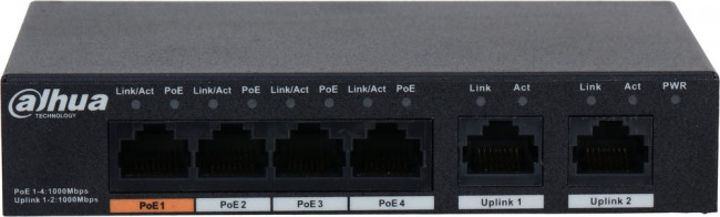 DAHUA DH-PFS3006-4GT-60 6-портовый гигабитный неуправляемый коммутатор с РоЕ, 4xRJ45 1Gb PoE, 2xRJ45 1Gb uplink, суммарно 60Вт, коммутация 1 DAHUA DH-PFS3006-4GT-60 6-портовый гигабитный неуправляемый коммутатор с РоЕ, 4xRJ45 1Gb PoE, 2xRJ45 1Gb uplink, суммарно 60Вт, коммутация 1