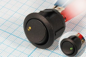 Клавишный переключатель с двойной индикацией:жёлтой и зелёной,12В/20А,c фиксацией; №10141 Пкл\12\20\ON-OFF-ON\\чер\ ILжел&amp;зел\\4T\R13-112DL0