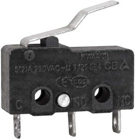 KW3-01, Микропереключатель с угловой планкой , 10.8х6.4х19.8 мм, ON-(ON), SPDT 3P, 250 В, 5 А, 30 мОм, -25...+85 °C