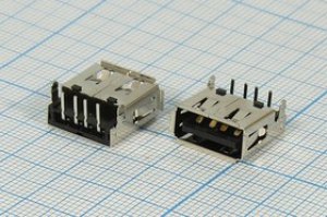 Разъем USB розетка, тип A, контакты на плату, угловой, USB A-1JA