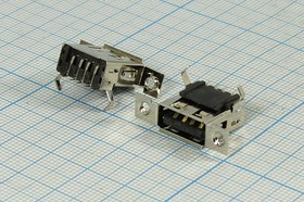 Гнездо USB, Тип A, угловое, 4 контакта, SMD, с фланцем; №12755 гн USB \A\4P2C\плат/пан\угл флан 2отв\SMD\USBA-1SC