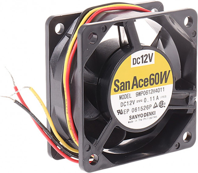 9WP0612H4011, DC Fans DC Axial Fan, 60x60x25mm, 12VDC, 18.7CFM, Splash Proof, Ribless, Tach, IP68