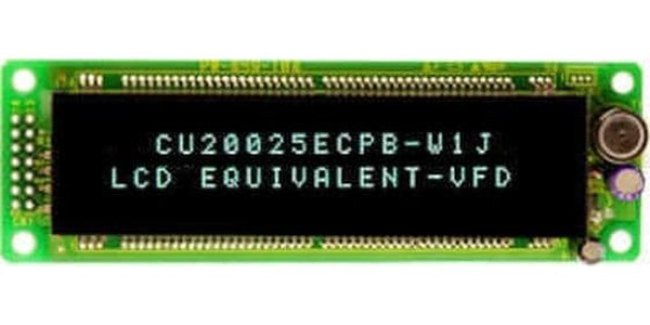 CU20025-UW1J, Дисплей: VFD, алфавитно-цифровой, 20x2, Знак: 4,7мм, 350кд/м2 CU20025-UW1J, Дисплей: VFD, алфавитно-цифровой, 20x2, Знак: 4,7мм, 350кд/м2