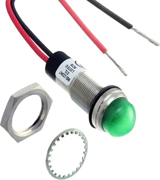 656-3206-303F, LED Panel Mount Indicators 1/2 Dome Green 28VDC w/Leads