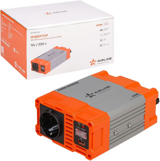 API-400-03, Преобразователь напряжения (инвертор) 12-220V 500Вт AIRLINE API-400-03, Преобразователь напряжения (инвертор) 12-220V 500Вт AIRLINE