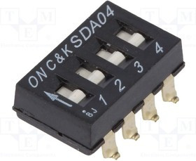 SDA04H0SBD, Switch DIP OFF ON SPST 4 Flush Slide 0.1A 24VDC Gull Wing 1000Cycles 2.54mm SMD Tube