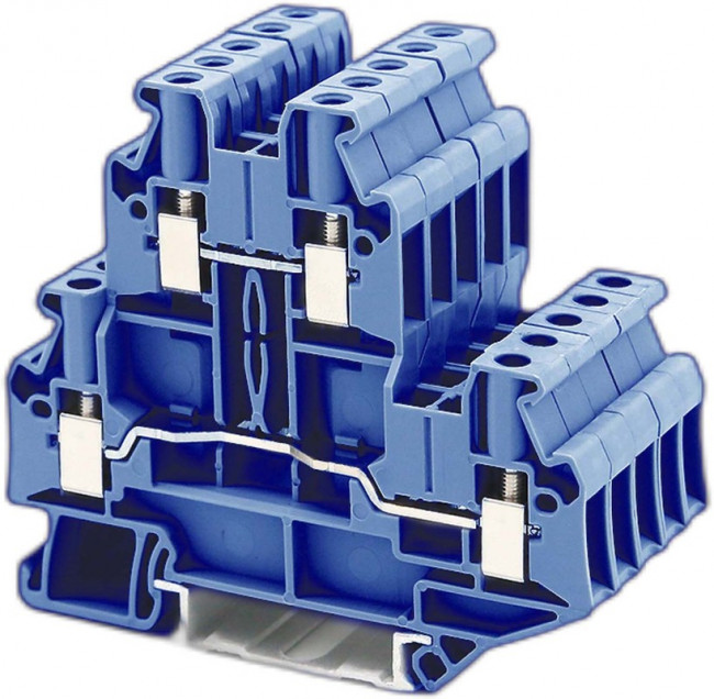 Клемма двухуровневая винтовой зажим 4 точки подключения 4кв.мм син. (уп.50шт) DKC TTURB-4-BU