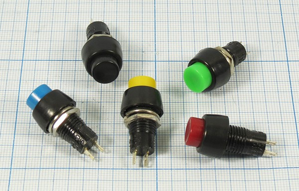 Включатель кнопочный без фиксации (SPST), OFF-(ON) желтого цвета, 220В/2А, d10мм; №714 Y ПКн\250\ 2,0\(SPST)\d10\чер\ жел\\2C\PBS-20B\