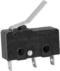KW3-02, Микропереключатель с фигурной планкой , 10.8х6.4х19.8 мм, вынос планки 17 мм, ON-(ON), SPDT 3P, 250 В, 5 А, 30 мОм, -25...+85 °C