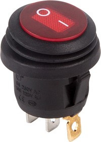 36-2595, Выключатель клавишный круглый 250V 6А (3с) ON-OFF красный с подсветкой ВЛАГОЗАЩИТА