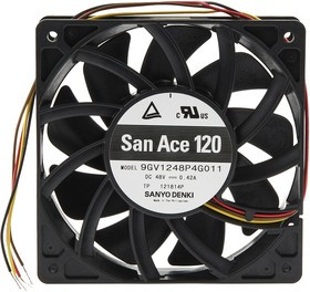 9GV1248P4G011, San Ace 9GV Series Axial Fan, 48 V dc, DC Operation, 289.8m³/h, 20.16W, 420mA Max, 120 x 120 x 25mm