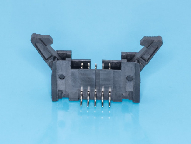SCM-10R, Разъем IDC 2х5 вилка на плату, с защелками, шаг 2.54мм, прямой угол