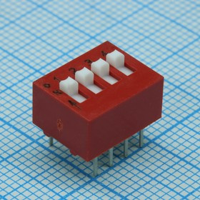 78B04T, DIP переключатель 4 группы красный шаг 2.54мм 0.025А 24В с выступающим движком монтаж в отверстие