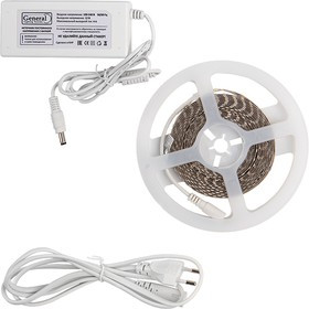 General Лента Светодиодная 5 метров с адаптером 9,6Вт 12В SMD2835 8мм 600 диодов 7 Лм/чип IP20 3000К Теплый белый свет 501022 GLS-2835-120-9
