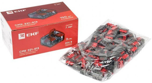 Клемма строительно-монтажная СМК 221-413 3-проводная 0.2-4кв.мм (уп.100шт) PROxima EKF plc-smk-221-413