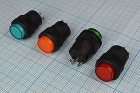 Переключатель кнопочный, d16, 220В, 3.0А, OFF-ON, ILкрасный2В, контакты 4C, R16-503AD