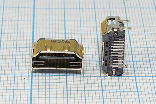 Разъем HDMI-F19 REV розетка, контакты 19C4C, на плату SMD, угловой, HDMI-F19 REV