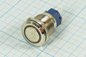 Переключатель кнопочный, d19, 220В, 5.0А, ON-ON, металлический/ILзеленый, контакты 5C, LA19AJS-Z-E