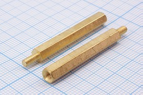 Стойка для печатных плат длина 36 мм, латунь, крепеж резьба M3; Q-7159 стойка L36,0\М3x6-М3\ S5\лат\\PCHSN