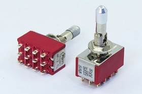 Рычажный переключатель (тумблер), 220В, 2А, переключение ON-OFF-ON, d 6.4, контакты 12C, 4P-3TL