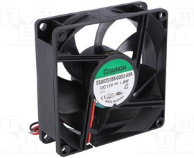 EE80251BX-000U-A99, Вентилятор осевой, 12В DC, 80x80x25мм, подшипник качения, 76,5куб.м/ч, 38дБА, 28AWG