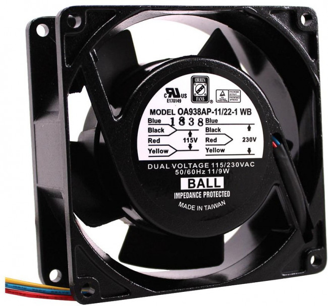 OA938AP-11/22-1WB, AC Fans Axial Fan, 92x92x38mm, 115/230VAC, 41CFM, 11W/9W, 33dBA, Ball, Wire OA938AP-11/22-1WB, AC Fans Axial Fan, 92x92x38mm, 115/230VAC, 41CFM, 11W/9W, 33dBA, Ball, Wire