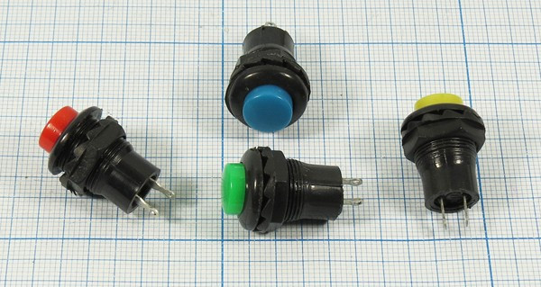 Включатель кнопочный без фиксации (SPST), OFF-(ON) синего цвета, 220В/1.5А,d12мм; №1929 B ПКн\250\ 1,5\(SPST)\d12\чер\ син\\2C\R13-502\