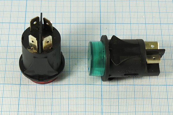 Включатель кнопочный без фиксации (SPST), OFF-(ON) зелёный с подсветкой, 220В/3А, d23мм; №9815 G ПКн\250\ 3\(SPST)\d23\чер\ ILзел\\4T\PBS-06