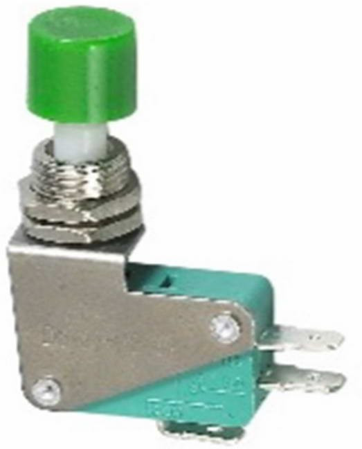 KW3-02-01, Микропереключатель с кнопкой , 44х13х41 мм, зеленая кнопка, диаметр 13 мм, ON-(ON), SPDT 3P, 250 В, 5 А, 30 мОм, -25...+85 °C