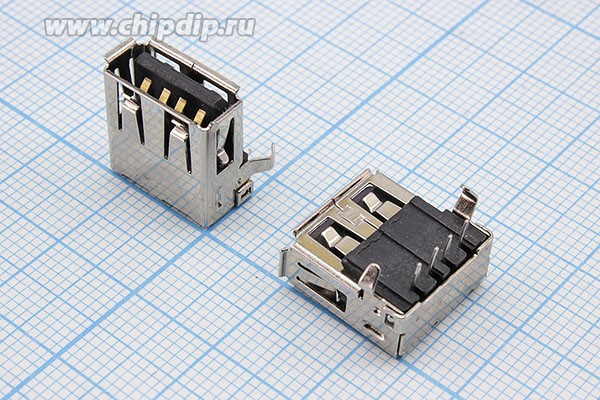 Гнездо USB, Тип A, угловое, реверсивное (reverse), 4 контакта, на плату; №11014 гн USB revers\A\4P2C\ плат\угл\\USBA-1J REV