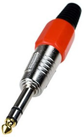 1-119G RD, штекер аудио 6.35мм стерео металл цанга на кабель красный