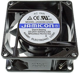 JA0838H2S0N-T, (80*80*38 220V), Вентилятор 220В AC, 2200-2500об/мин., 80х80х38мм, 28дБ, подшипник скольжения, тип вывода - терминал