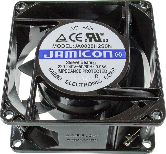 JA0838H2S0N-T, (80*80*38 220V), Вентилятор 220В AC, 2200-2500об/мин., 80х80х38мм, 28дБ, подшипник скольжения, тип вывода - терминал