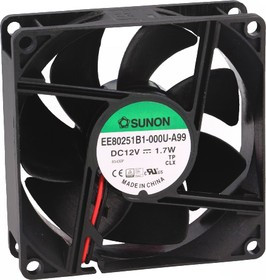 EE80251B1-A99, Вентилятор осевой, 12В DC, 80x80x25мм, подшипник качения, 69,7куб.м/ч, 33дБА, 28AWG