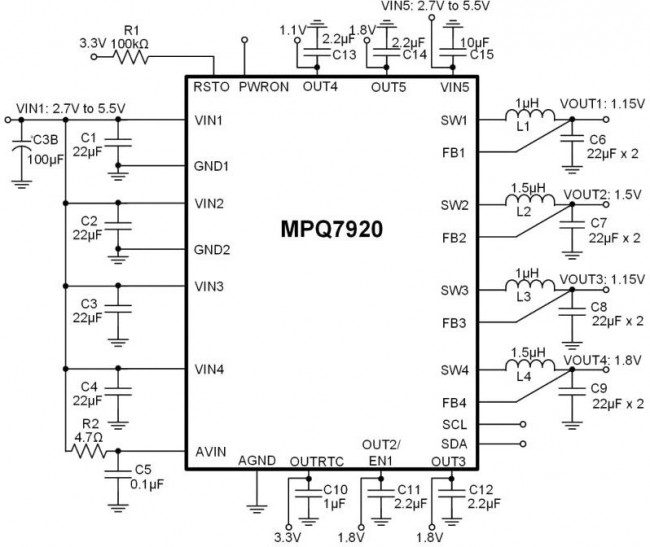 MPQ7920GRM-0000-AEC1-P, Power Management IC, 4 Step-Down Converter, 5 Output, 5.5V Supply, AEC-Q100, QFN-26 MPQ7920GRM-0000-AEC1-P, Power Management IC, 4 Step-Down Converter, 5 Output, 5.5V Supply, AEC-Q100, QFN-26